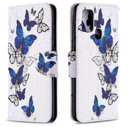 Plånboksfodral Samsung Galaxy A21s – Blåa och Vita Fjärilar