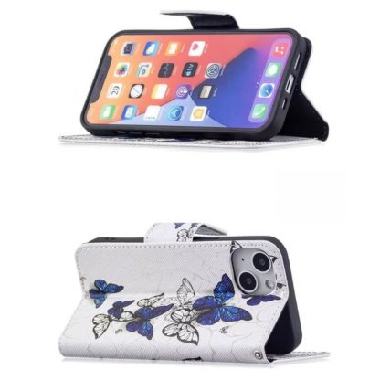 Plånboksfodral iPhone 13 Mini – Blåa och Vita Fjärilar