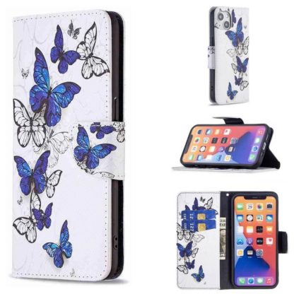Plånboksfodral iPhone 13 – Blåa och Vita Fjärilar