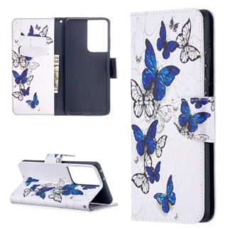 Plånboksfodral Samsung Galaxy S21 Ultra – Blåa och Vita Fjärilar