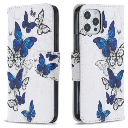 Plånboksfodral iPhone 14 Pro – Blåa och Vita Fjärilar