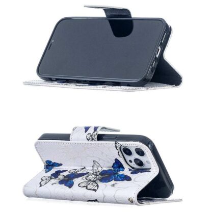 Plånboksfodral iPhone 14 Pro – Blåa och Vita Fjärilar