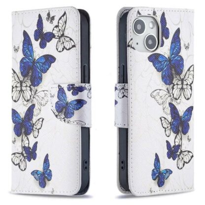 Plånboksfodral iPhone 14 – Blåa och Vita Fjärilar